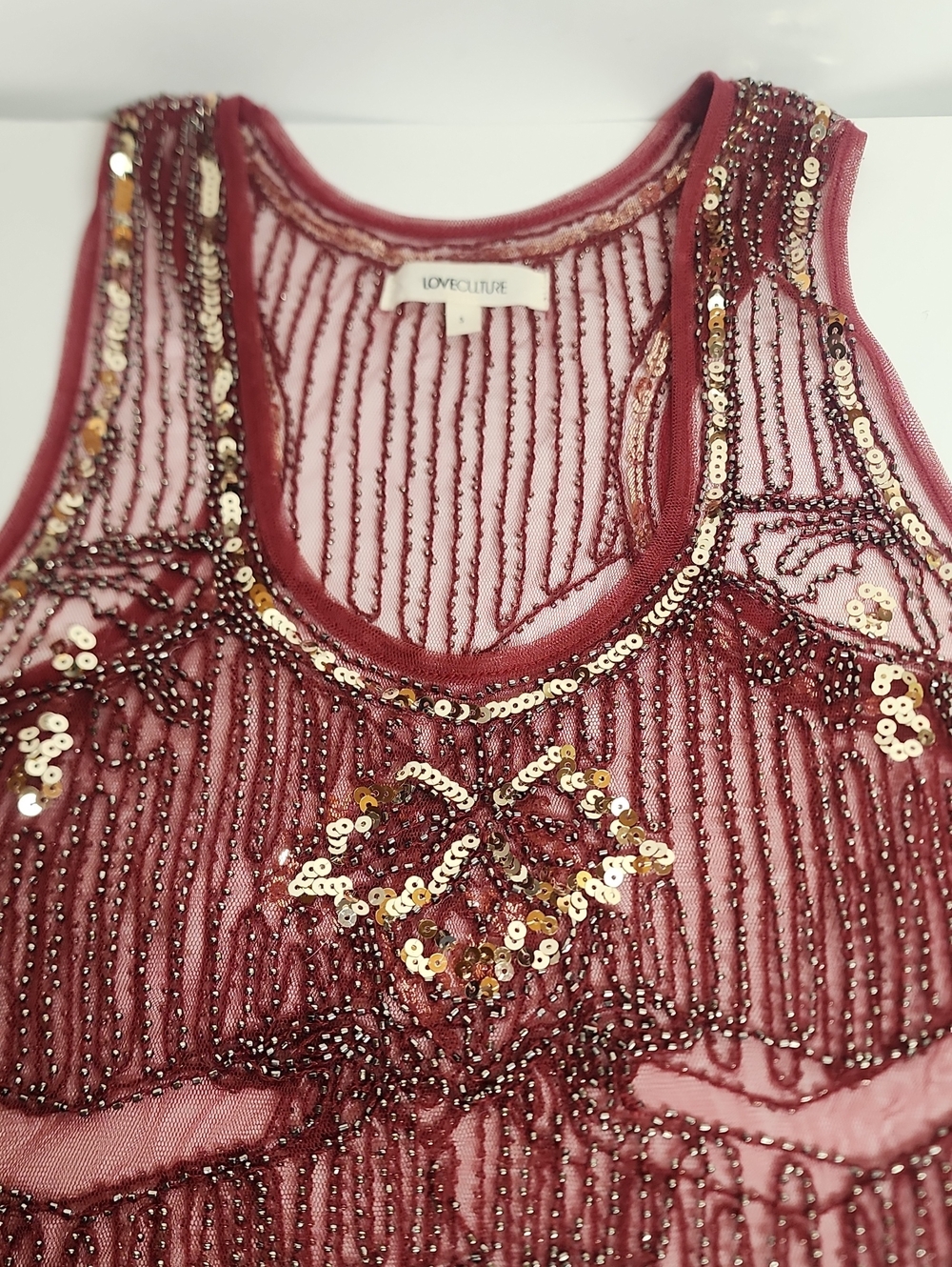 LOVECULTURE Size S Burgundy Sequin Stunning Beautiful Mesh Racerback Camisole - Picture 3 of 10